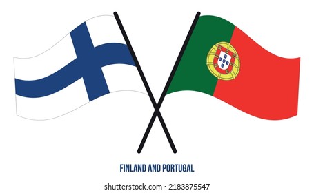 Finland and Portugal Flags Crossed And Waving Flat Style. Official Proportion. Correct Colors.