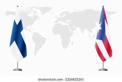 Finland and Puerto Rico flags for official meeting against background of world map.
