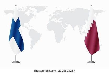 Finland and Qatar flags for official meeting against background of world map.