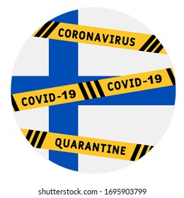 Finland quarantine and extraordinary emergency measures under pandemic virus. stop coronavirus covid-19 yellow border tape on Finland flag background. vector illustration