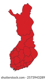 Finland red map with border of regions outline vector