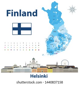 Finland regions map with names and capital cities on it. Helsinki cityscape. Vector illustration