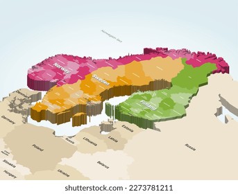 Finland regions, Sweden provinces and Norway regions isometric colorful vector map with neighbouring countries on background