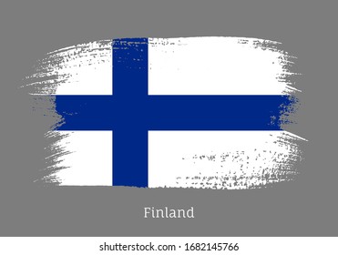 Finland republic official flag in shape of paintbrush stroke. Finnish national identity symbol. Grunge brush blot isolated on grey background vector illustration. Finland country patriotic stamp.