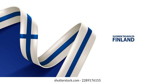 Finland ribbon flag. Bent waving ribbon in colors of the Finland national flag. National flag background.
