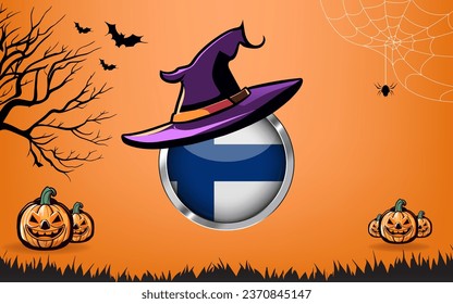 finland round flag with Happy Halloween banner or party invitation background. bats, spiders and pumpkins, orange background