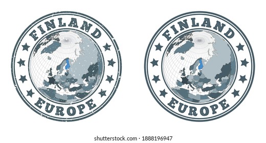 Finland round logos. Circular badges of country with map of Finland in world context. Plain and textured country stamps. Vector illustration.