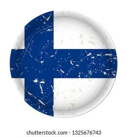 Finland - round metallic scratched flag with six screw holes in front of a white background