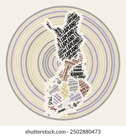 Afiche de Finlandia Round. Imagen de estilo tipográfico de Country. Regiones de nubes de palabras de Finlandia. Diseño de Imagen de Antiguas con textura de rasguño.