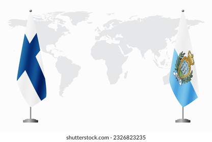 Finland and San Marino flags for official meeting against background of world map.