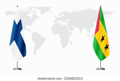 Finland and Sao Tome and Principe flags for official meeting against background of world map.