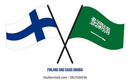 Banderas de Finlandia y Arabia Saudita Cruzadas y ondeadas de estilo plano. Proporción oficial. Colores correctos.