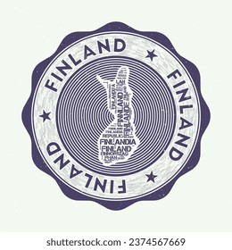 Finland seal. Country round logo with shape of Finland and country name in multiple languages wordcloud. Authentic emblem. Neat vector illustration.