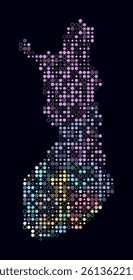 Finland, shape of the country built of colored cells. Digital style map of Finland on a dark background. Small size circle blocks. Amazing vector illustration.