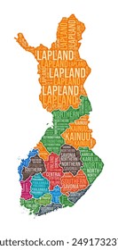 Finland shape with a country word cloud illustrating regional divisions. Vector illustration.
