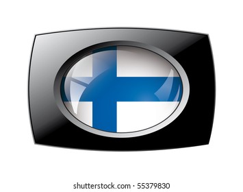 Finland shiny button flag with black frame -  vector illustration. Isolated abstract object against white background.