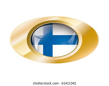 Finland shiny button flag vector illustration. Isolated abstract object on metal background.