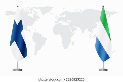 Finland and Sierra Leone flags for official meeting against background of world map.