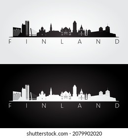 Finland skyline and landmarks silhouette, black and white design, vector illustration.