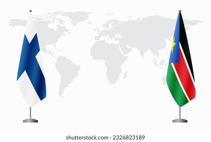 Finland and South Sudan flags for official meeting against background of world map.