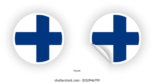 Icono de la bandera adhesiva finlandesa en forma de círculo y círculo con la piel despegada sobre fondo blanco.