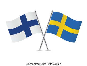 Finland and Sweden crossed flags. Finnish and Swedish flags on white background. Vector icon set. Vector illustration.