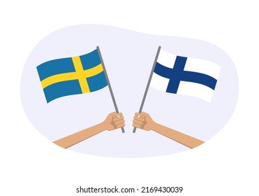 Finnland und Schweden Flaggen. Schwedische und finnische nationale Symbole. Hand, die eine wehende Fahne hält. Vektorgrafik.