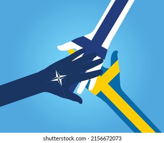 Finland and Sweden joining NATO concept background. Flags of Finland, Sweden and NATO. Dhaka, Bangladesh - May 16, 2022.