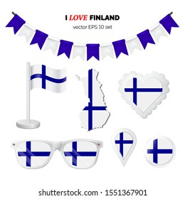 Finland symbols attributes. Heart, flags, glasses, buttons and garlands with civil and state Finland colors. Vector illustration for your graphic design.