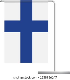 Finland table flag. Metal flagpole. National flag of Finland vector illustration