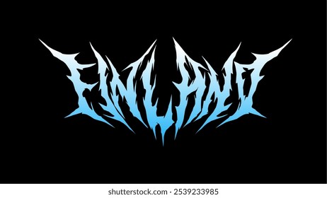 Finland text typography vector design in sharp, spiky and symmetrical style with a light to dark gradient on a black background. Ideal for metal, gothic and alternative music themed designs t-shirt