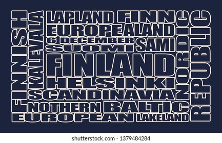 Finland theme relative words cloud. Outline text