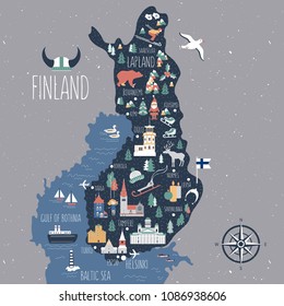 Finland travel cartoon vector map, Finnish landmarks, symbols, animals, flat buildings Lutheran Cathedral of Helsinki, Cathedral of Espoo, temple of Tampere, castles of Turku, Oulu, flat illustration