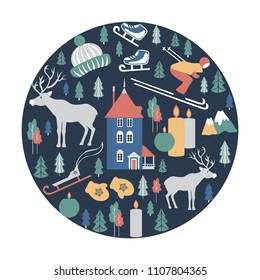 Finland travel cartoon vector round frame, Finnish landmark, Moomin House in Park Moomin world, Oulu, symbols, animals, flat building illustration, decorative winter scandinavian background for design