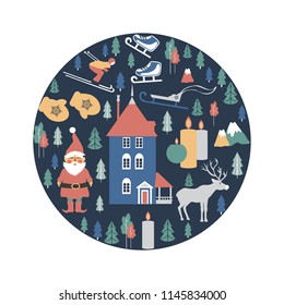 Finland travel cartoon vector round frame, Finnish landmark, Moomin House in Park Moomin world, Oulu, Santa Claus, deer, flat illustration symbol, decorative winter scandinavian background for design