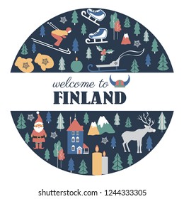 Finland travel cartoon vector round frame, Finnish landmark, Park Moomin world, Oulu, animal, clothing, flat building illustration, decorative winter scandinavian background for travel winter design