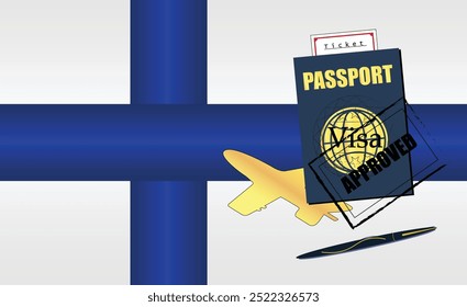 Finland Travel Documentation Concept with blue Passport and Finland Flag. Approved Stamp. Airplane and Travel Tickets. Ideal for Immigration Tourism and Traveling Themes. Vector EPS available