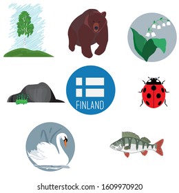 Finland travel set icons in cartoon style isolated on white background