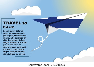 Finland travel vector banner with paper flag and text space, Finland country flag on paper plane, holiday and vacation concept, summer travel template and pattern, flight ticket idea