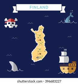 Finland treasure map in flat design. Colorful cartoon treasure map of Finland with flat design icons of pirate ship and jolly roger. Finland flat design vector illustration.