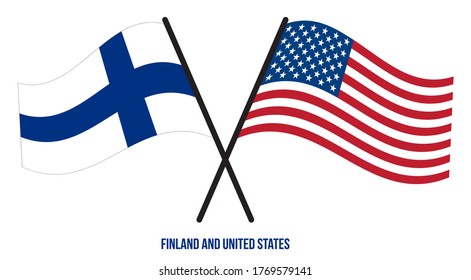 Finland and United States Flags Crossed And Waving Flat Style. Official Proportion. Correct Colors.