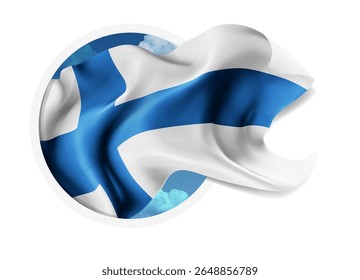 Finlândia, vetor 3d bandeira contra um céu azul, através de um buraco redondo em um fundo branco