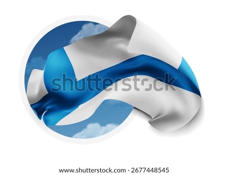 Finland, vector 3d flag against a blue sky, through a round hole on a white background