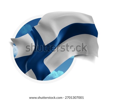 Finland, vector 3d flag against a blue sky, through a round hole on a white background