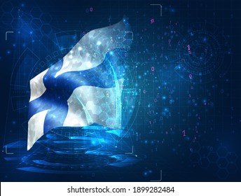 Finland, vector 3d flag on blue background with hud interfaces