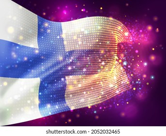 Finland, vector 3d flag on pink purple background with lighting and flares