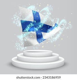 Finland, vector 3d flag on the podium surrounded by a whirlwind of magical radiance