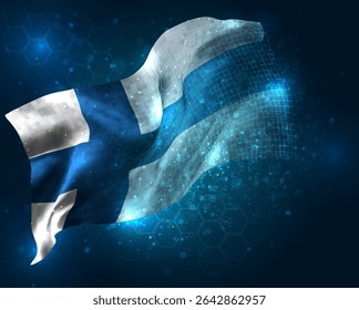 Finland, vector 3d flag virtual triangular polygons on a blue background