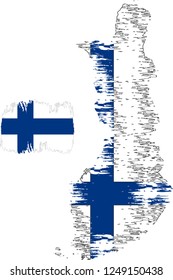 Finland vector grunge brush stroke with  national flag and contour map. 
