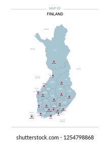 Finland vector map. Editable template with regions, cities, red pins and blue surface on white background. 